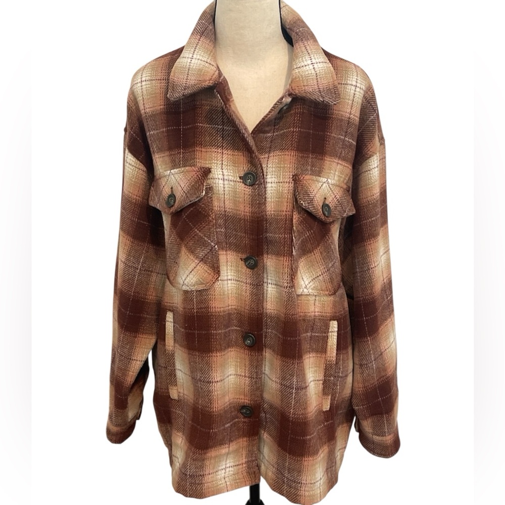Workshop Republic | Burgundy/Cream Plaid Pocket Button Flannel Shacket Sz XL
